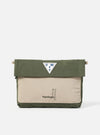 Topologie x Universal Works Rifle Green UW Tech Musette Medium bag in rifle green and beige on a white background. The bag features the Topologie and Universal Works logos.