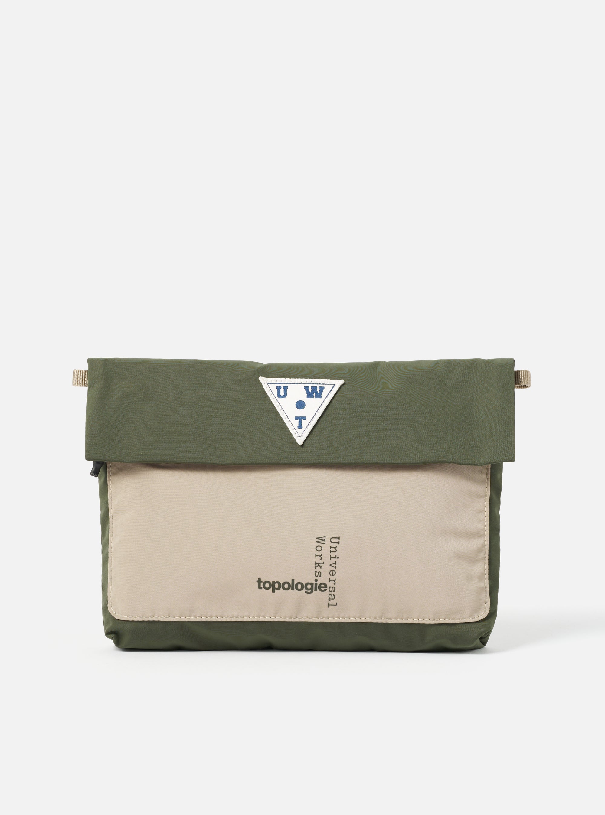 Topologie x Universal Works Rifle Green UW Tech Musette Medium bag in rifle green and beige on a white background. The bag features the Topologie and Universal Works logos.