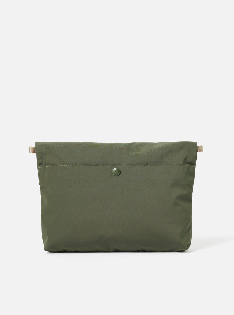 Topologie x Universal Works Rifle Green UW Tech Musette Medium on a white background. The bag is rifle green with a button closure and tan straps.