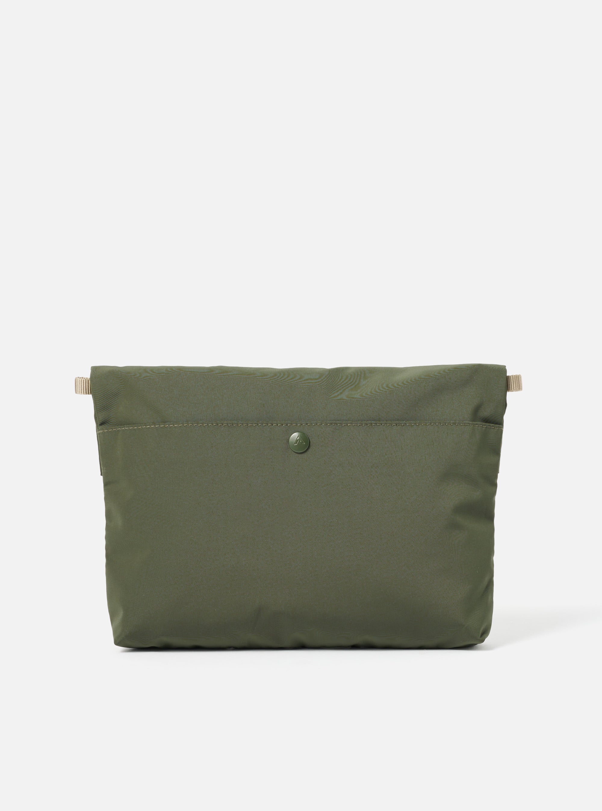 Topologie x Universal Works Rifle Green UW Tech Musette Medium on a white background. The bag is rifle green with a button closure and tan straps.