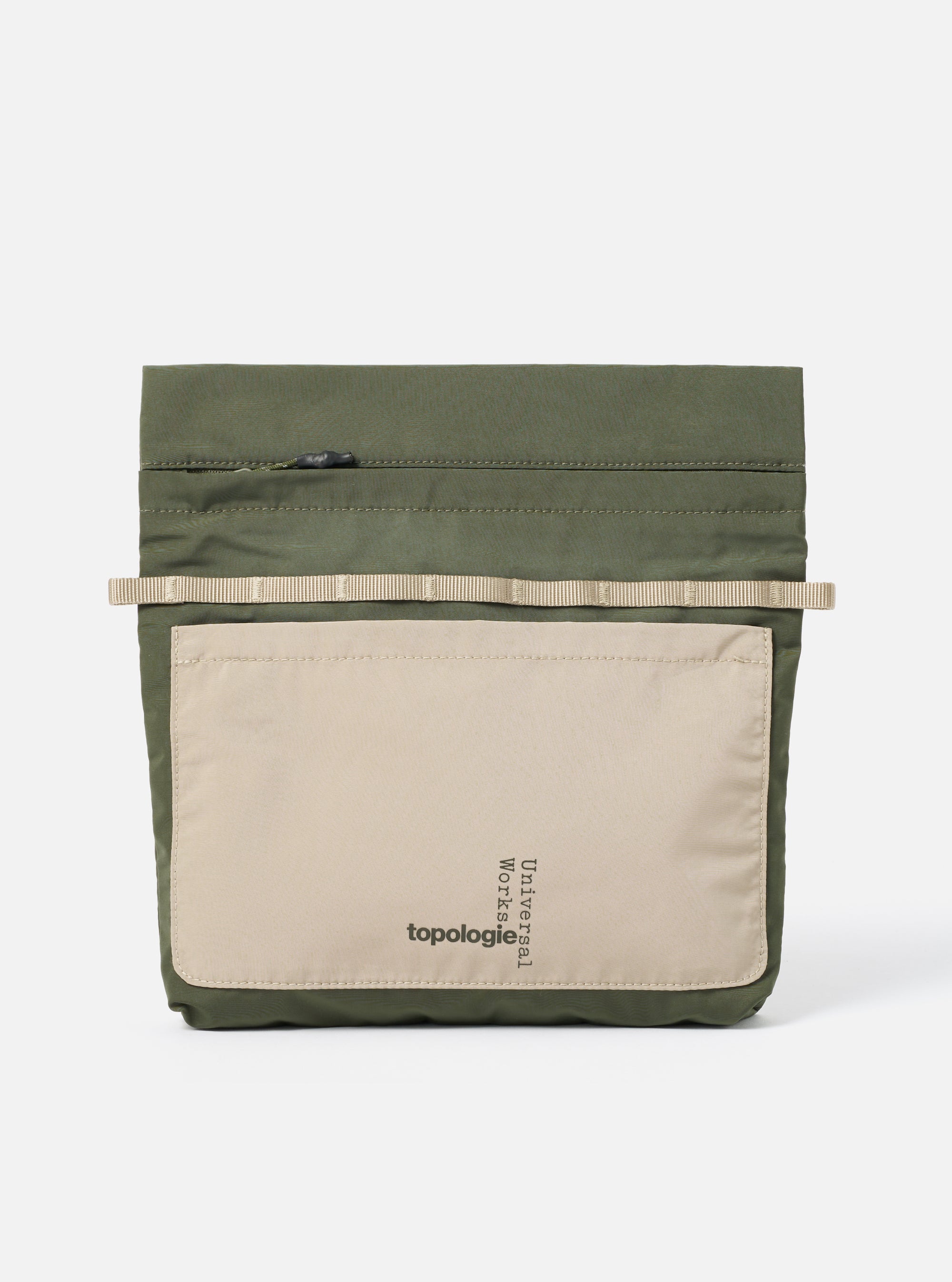 The Topologie x Universal Works Rifle Green UW Tech Musette Medium bag on a white background. The bag is green with a beige pocket and beige strap.