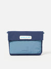 Topologie x Universal Works Insignia Blue UW Tech Musette Medium on a white background. The bag is two-tone blue with a patch that reads "IN ROCKS WE TRUST".