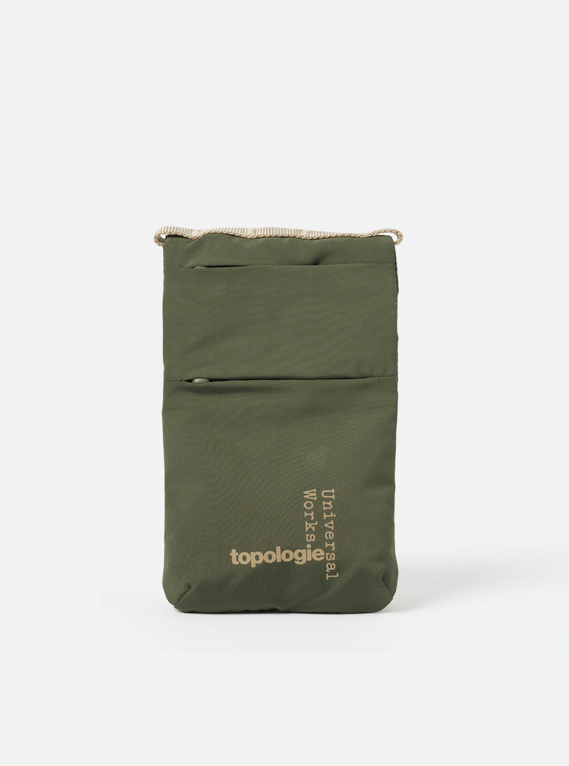 The Topologie x Universal Works Rifle Green UW Tech Phone Sacoche on a white background. The sacoche is rifle green with beige drawstrings and logos.