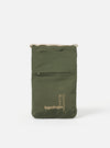 The Topologie x Universal Works Rifle Green UW Tech Phone Sacoche on a white background. The sacoche is rifle green with beige drawstrings and logos.
