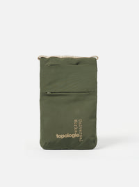 The Topologie x Universal Works Rifle Green UW Tech Phone Sacoche on a white background. The sacoche is rifle green with beige drawstrings and logos.