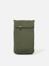 The Topologie x Universal Works Rifle Green UW Tech Phone Sacoche, a green bag with a tan trim, is centered on a white background.