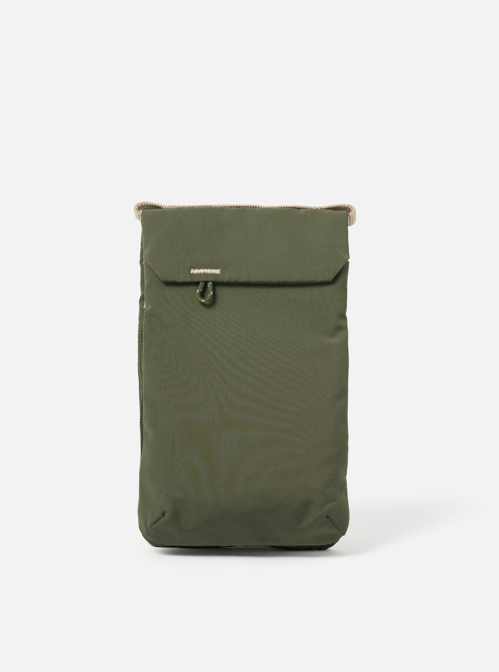 The Topologie x Universal Works Rifle Green UW Tech Phone Sacoche, a green bag with a tan trim, is centered on a white background.