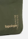 Close-up of the Topologie x Universal Works Rifle Green UW Tech Phone Sacoche. The olive green fabric features the brand logos in tan. Studio shot on a white background.
