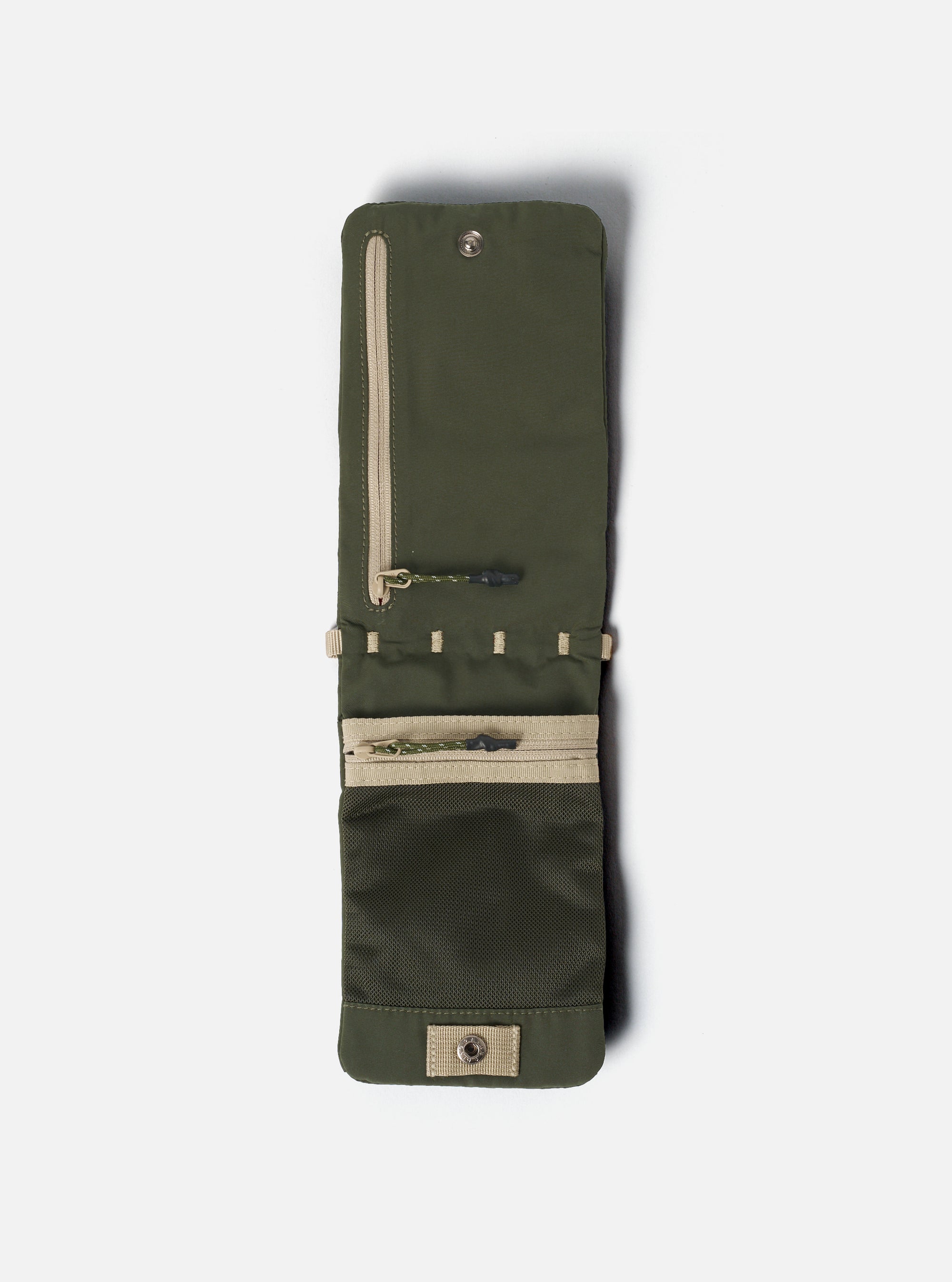 The Topologie x Universal Works Rifle Green UW Tech Phone Sacoche, open on a white background. It's green with beige zippers and accents, featuring a mesh pocket.