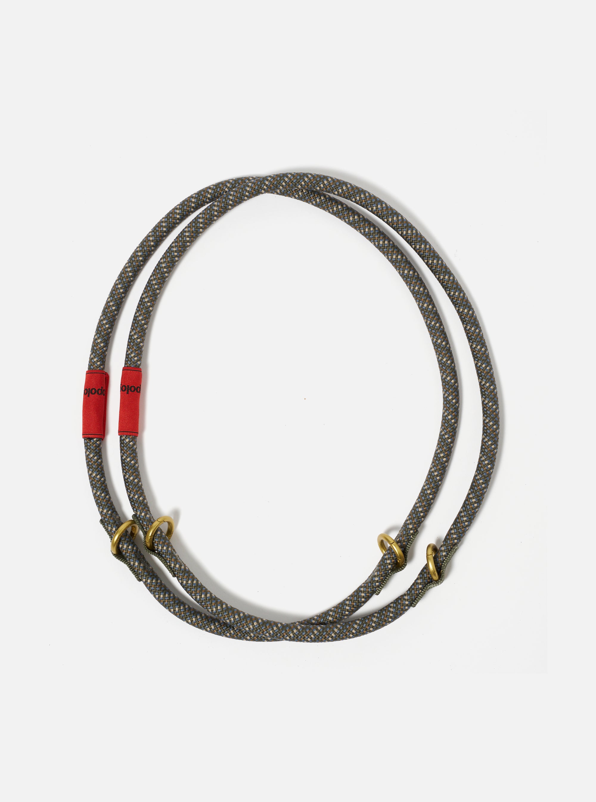 Topologie x Universal Works Olive Hitch UW Rope 10mm Rope Loop on a white background. The rope is olive with blue and tan accents and has red fabric and gold metal details.