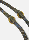 Close-up of the Topologie x Universal Works Olive Hitch UW Rope 10mm Rope Loop on a white background. The rope is olive with blue and brown accents and has gold metal hardware.