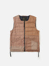 The TAION x Universal Works Reversible Dark Navy Military Line Vest on a white background. The vest features a brown and beige check pattern and a full zip.
