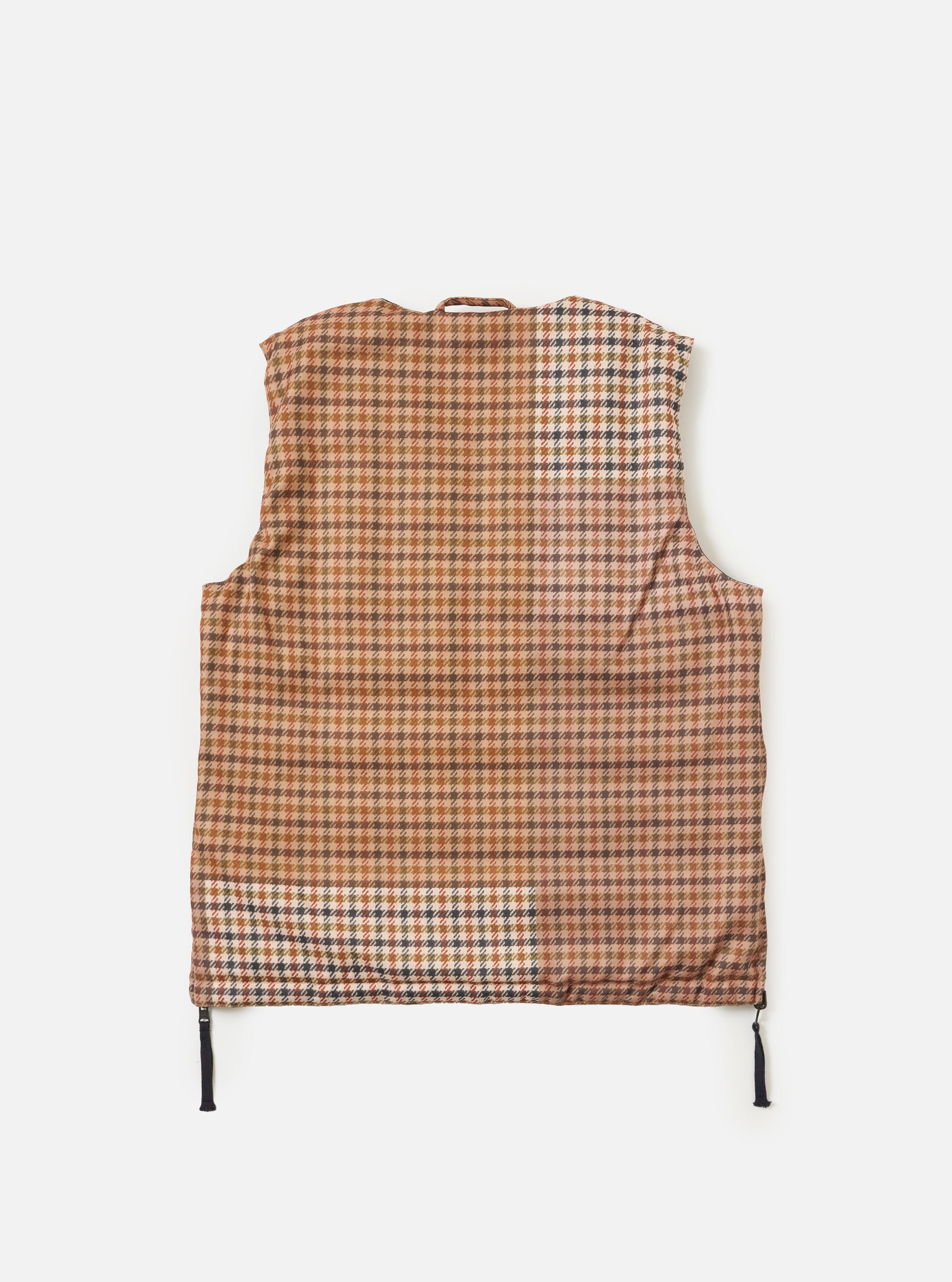 Back view of the TAION x Universal Works Reversible Dark Navy Military Line Vest, laid flat on a white background. Features a brown and tan houndstooth pattern.