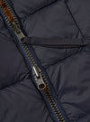 Close up of the TAION x Universal Works Reversible Dark Navy Military Line Vest. Shows the zipper and quilted material. 