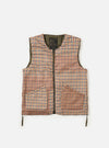 The TAION x Universal Works Reversible Dark Olive Military Line Vest, displayed flat on a white background. The vest features a brown and beige check pattern and olive green trim.