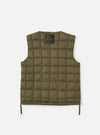 The TAION x Universal Works Reversible Dark Olive Military Line Vest, a quilted vest in dark olive, laid flat on a white background. The vest has a tag on the upper back.