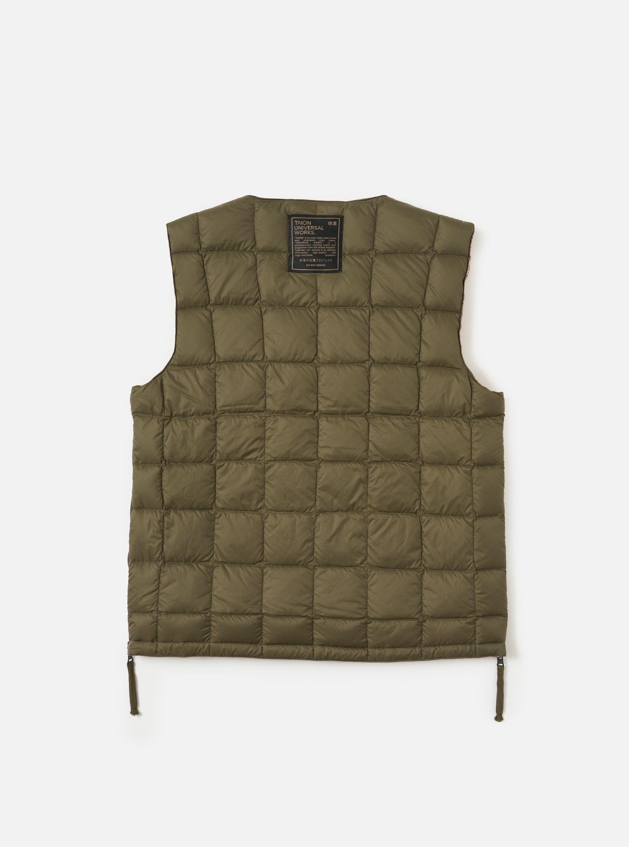 The TAION x Universal Works Reversible Dark Olive Military Line Vest, a quilted vest in dark olive, laid flat on a white background. The vest has a tag on the upper back.