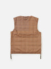 The back of a TAION x Universal Works Reversible Dark Olive Military Line Vest. The vest has a brown and tan houndstooth pattern. The background is a plain white.