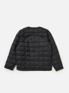 The TAION x Universal Works Reversible Black Military Line Liner Jacket, displayed on a white background. The jacket is black with a quilted pattern and "PEACE LOVE & SOUL" embroidered on the back.