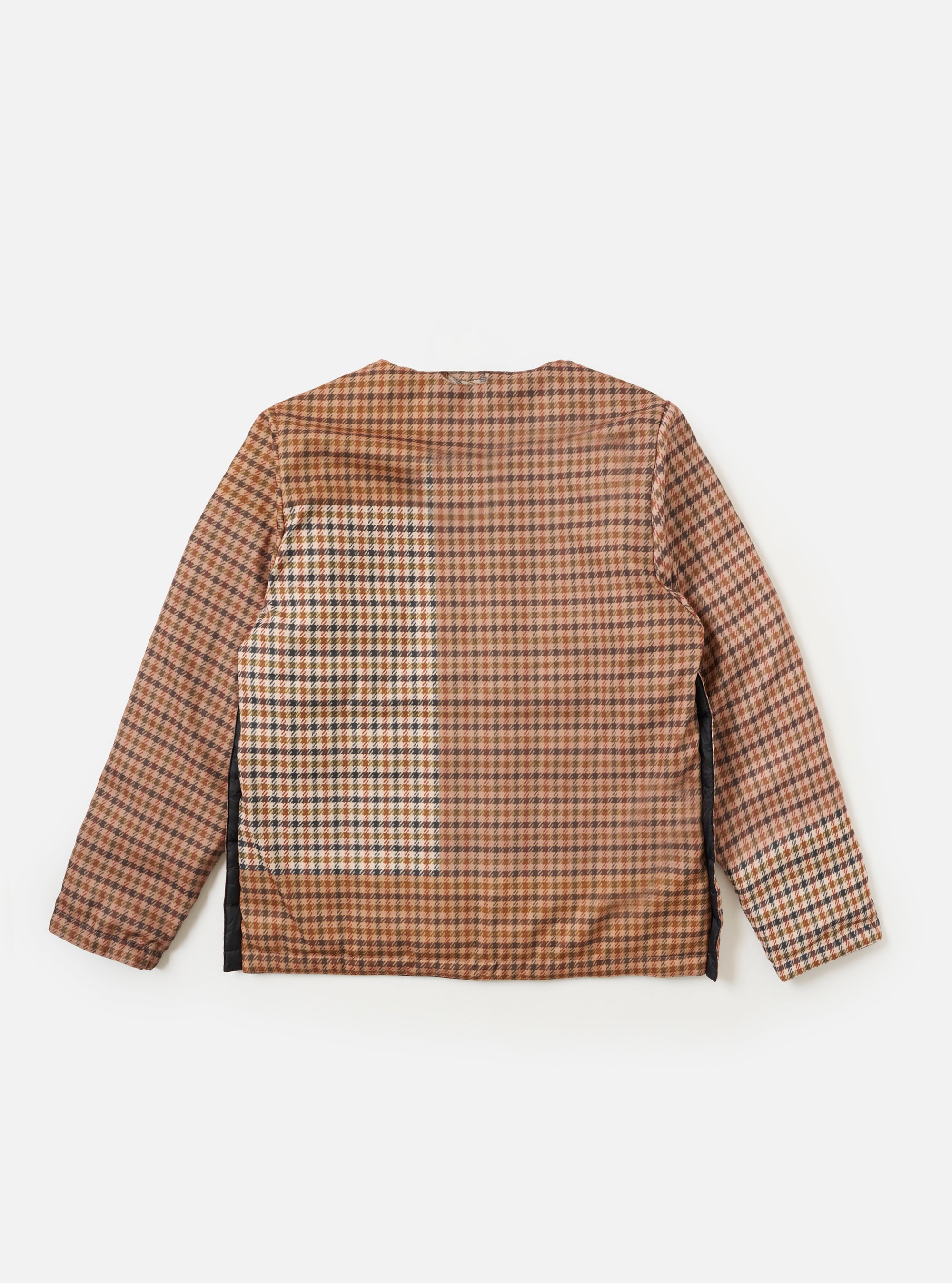The TAION x Universal Works Reversible Black Military Line Liner Jacket in brown houndstooth on a white background. The jacket has black trim.