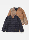 The TAION x Universal Works Reversible Dark Navy Military Line Liner Jacket. One side is dark navy quilted, the other is brown and tan houndstooth. Shot on a white background.