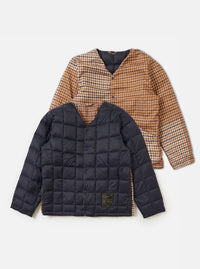 The TAION x Universal Works Reversible Dark Navy Military Line Liner Jacket. One side is dark navy quilted, the other is brown and tan houndstooth. Shot on a white background.