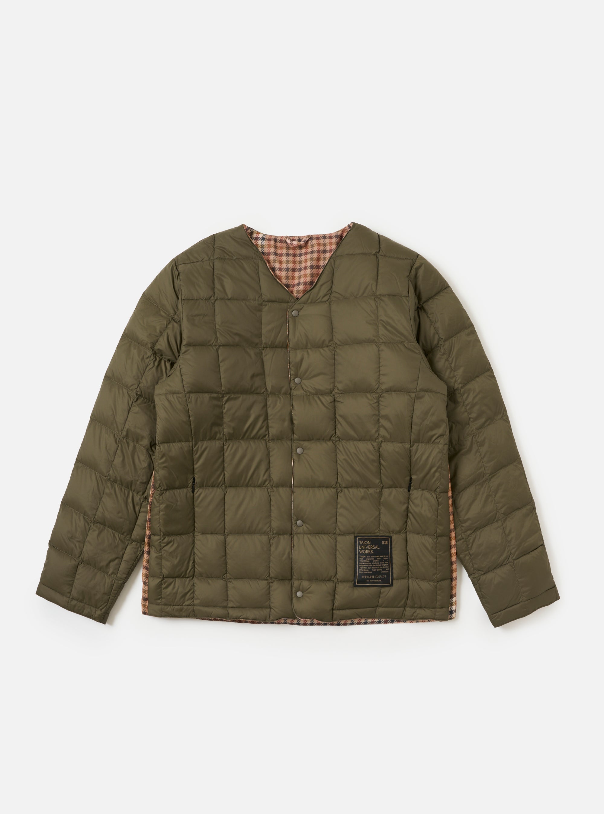 The TAION x Universal Works Reversible Dark Olive Military Line Liner Jacket is displayed on a white background. The jacket is quilted and shows a brown and beige houndstooth pattern on the inside.