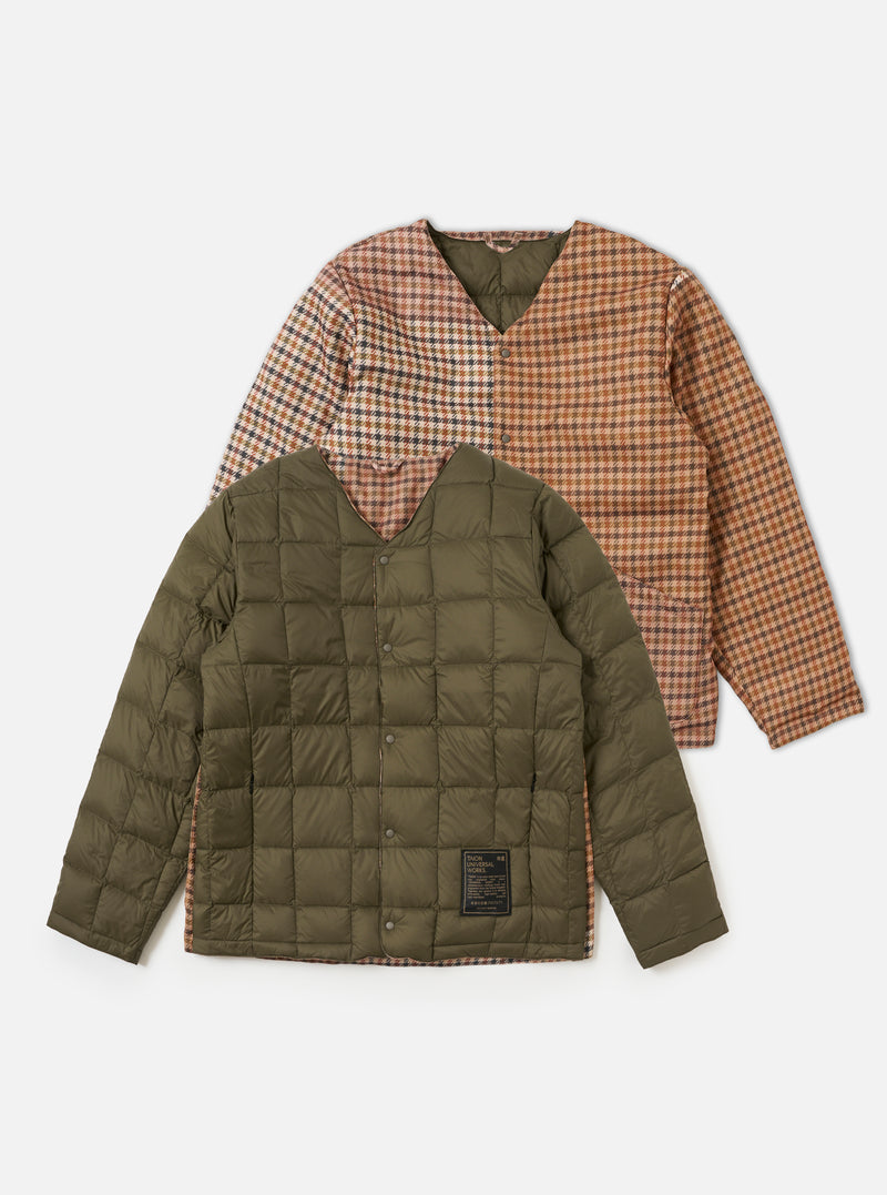 The TAION x Universal Works Reversible Dark Olive Military Line Liner Jacket. One side is dark olive, the other is brown and tan houndstooth. Shot on a white background.