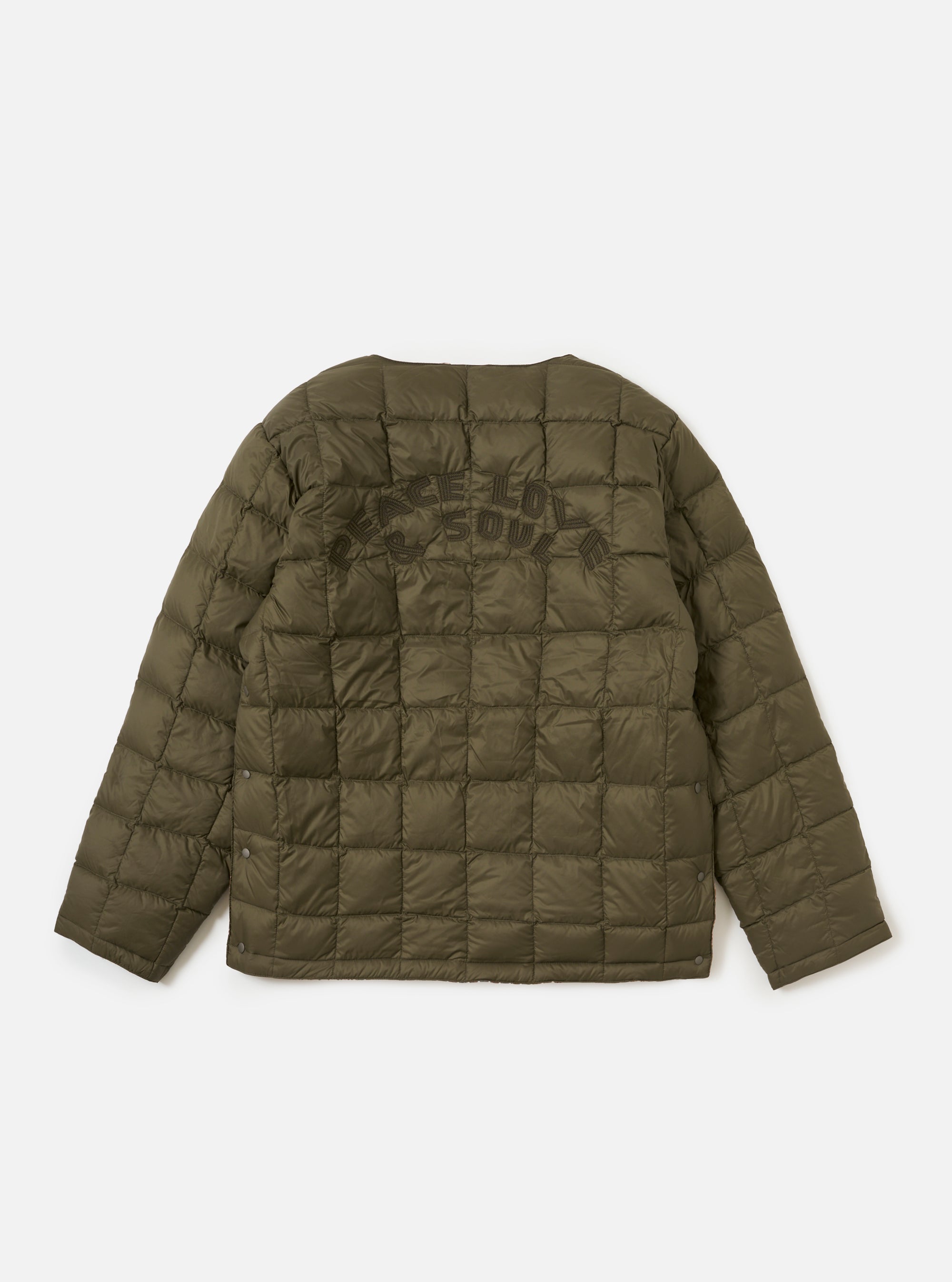Back view of the TAION x Universal Works Reversible Dark Olive Military Line Liner Jacket on a white background. The jacket is quilted and has 'PEACE LOVE SOUL' embroidered on the back.
