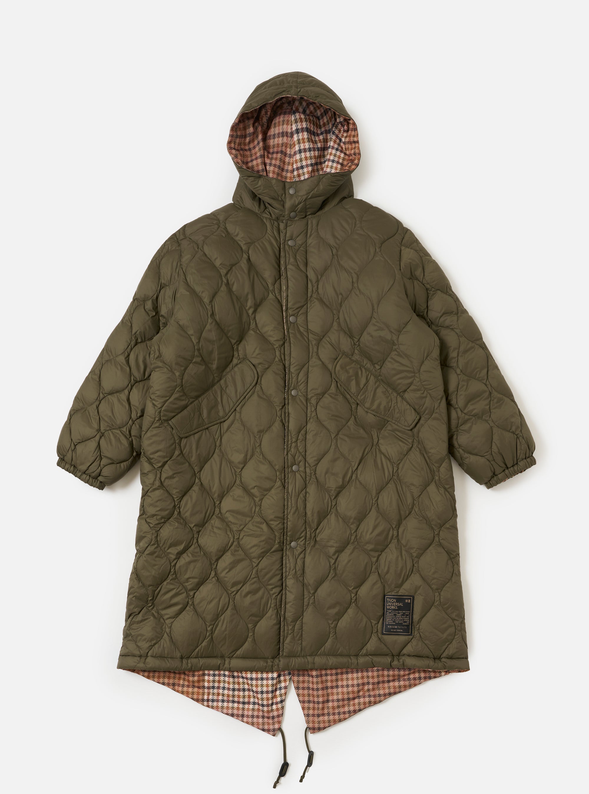 TAION x Universal Works Reversible Dark Olive Military Line Parka on a white background. Quilted texture, reversible with a patterned lining visible at the hood and hem.