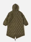 Back view of the TAION x Universal Works Reversible Dark Olive Military Line Parka. Quilted, hooded, dark olive color. Shot against a white background.