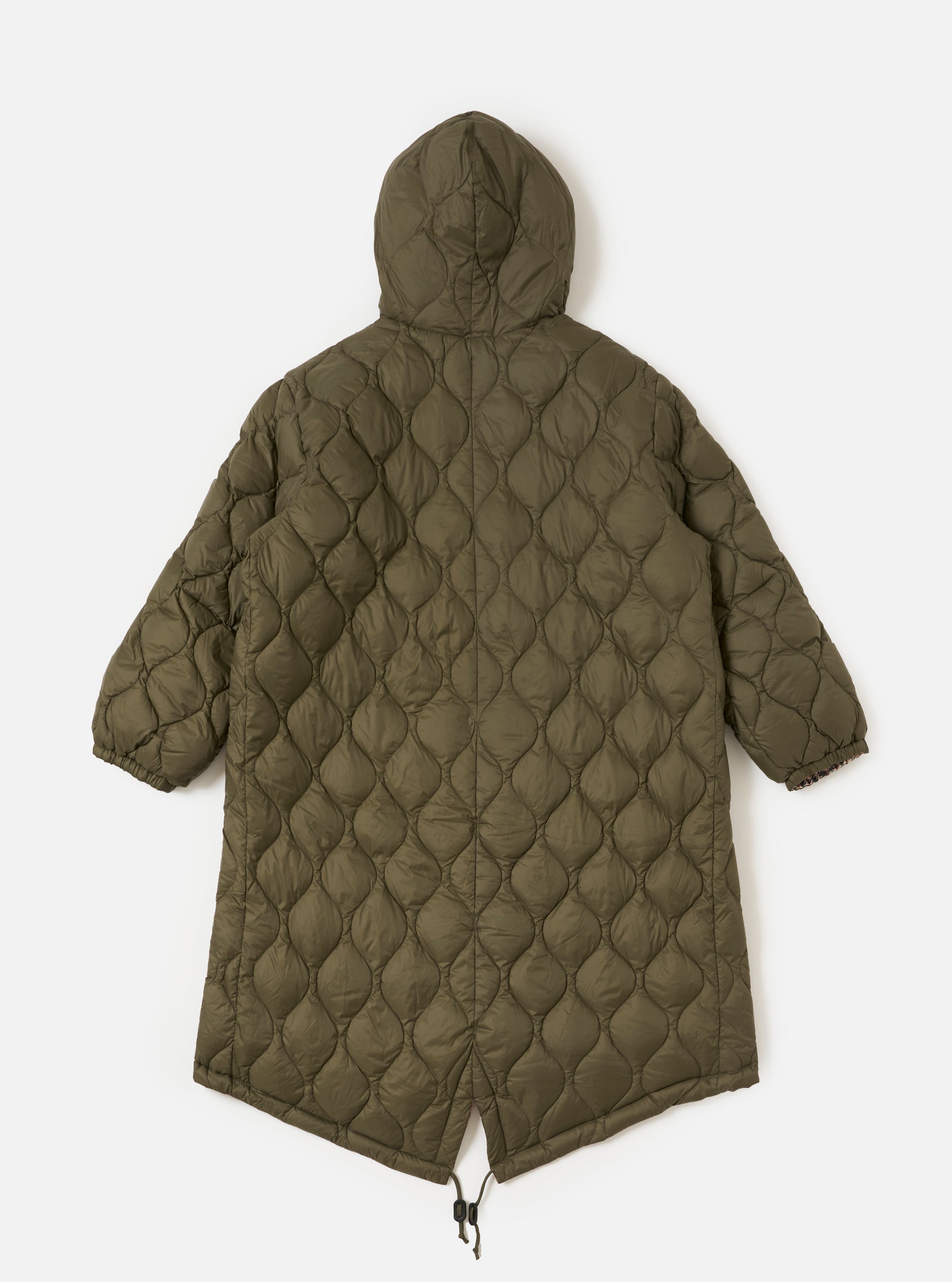Back view of the TAION x Universal Works Reversible Dark Olive Military Line Parka. Quilted, hooded, dark olive color. Shot against a white background.