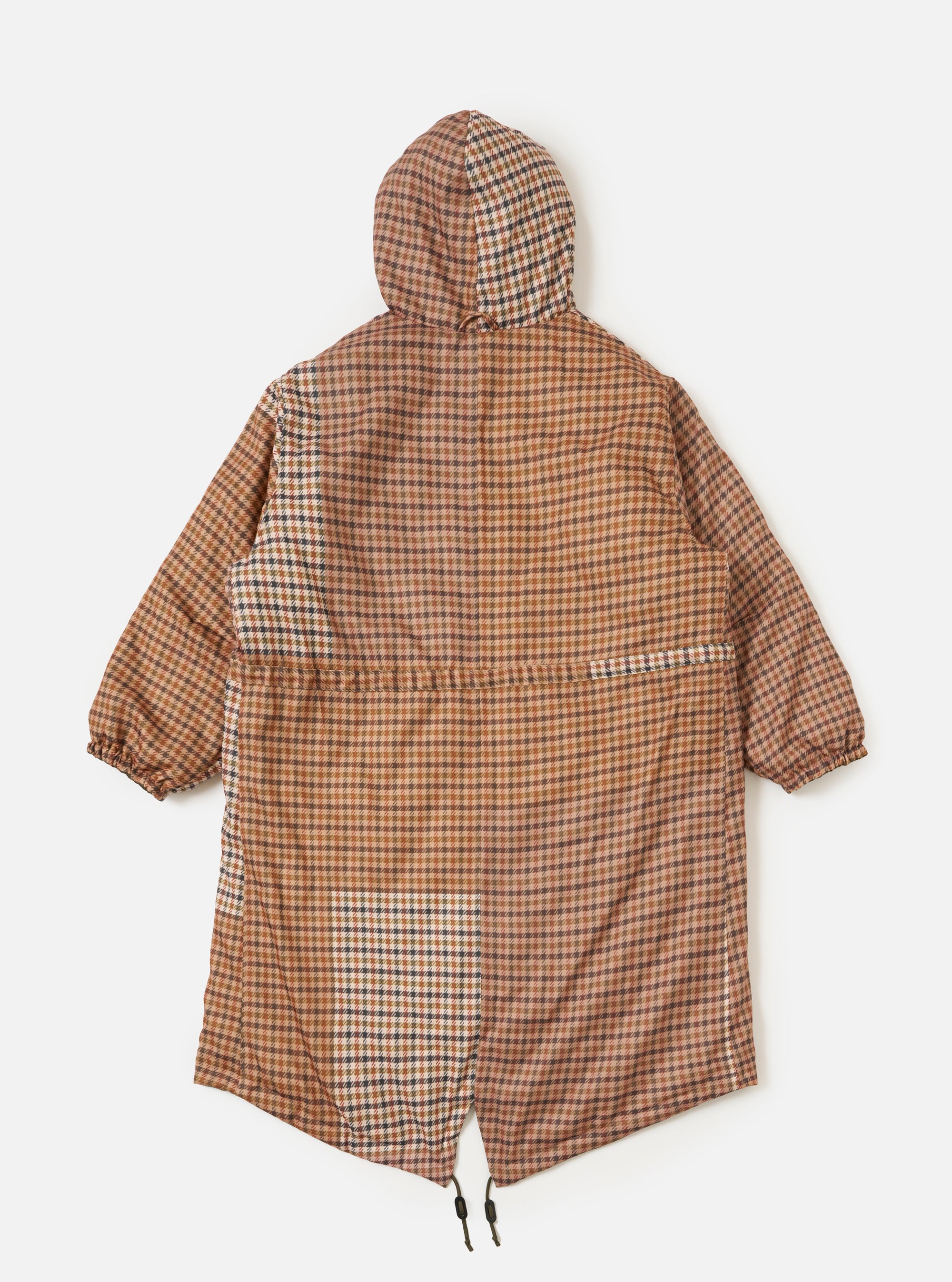 Back view of the TAION x Universal Works Reversible Dark Olive Military Line Parka. The parka has a brown and beige check pattern. Shot against a white backdrop.