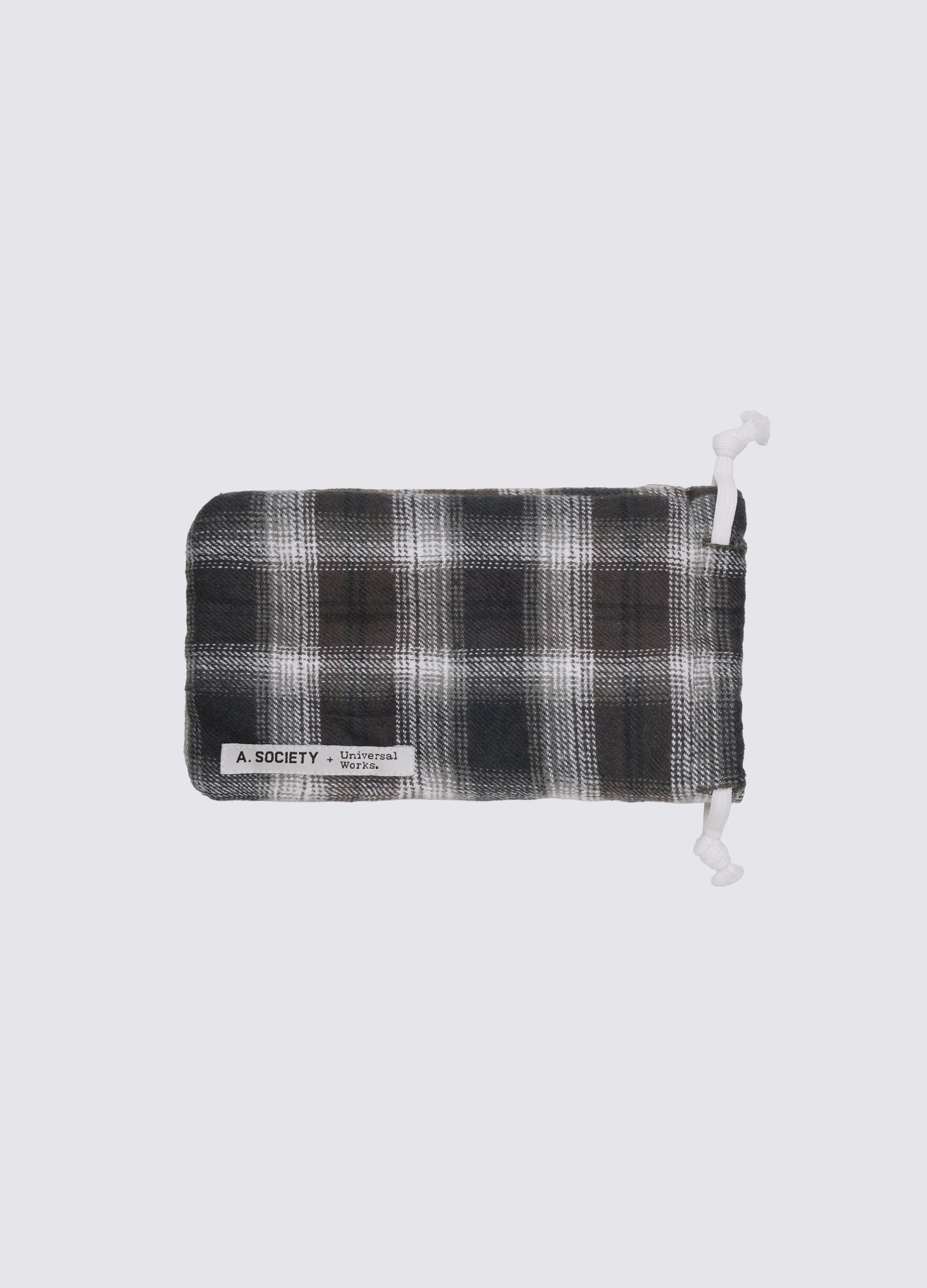 A. SOCIETY x Universal Works Olive Stanley Sunglasses pouch. Plaid fabric with white drawstrings on a white background.