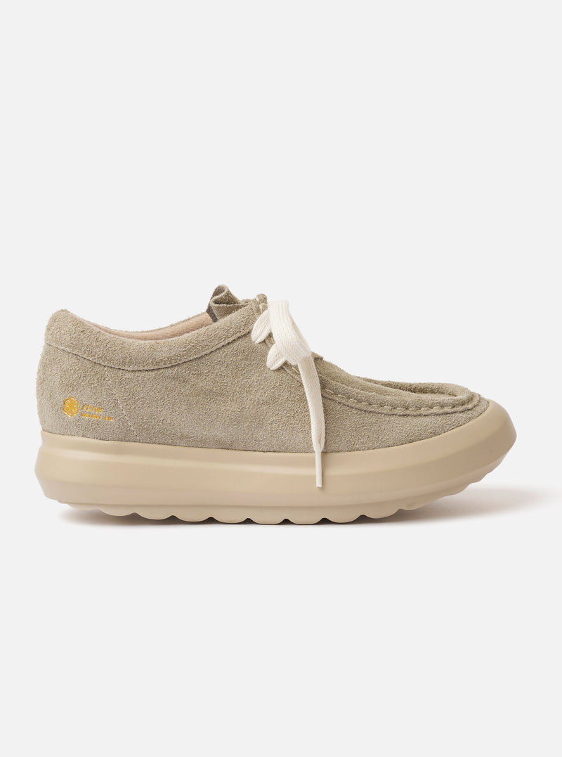 The Wander etc. FD/08 in Dust/Off White Suede/Leather is shown as a flat lay against a white background. The footwear features a low-top profile with textured "hairy" suede uppers in a light dust color, complemented by off-white leather panels. Prominent details include thick, chunky white laces and a substantial off-white phylon and rubber outsole.
