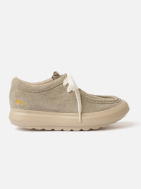 The Wander etc. FD/08 in Dust/Off White Suede/Leather is shown as a flat lay against a white background. The footwear features a low-top profile with textured "hairy" suede uppers in a light dust color, complemented by off-white leather panels. Prominent details include thick, chunky white laces and a substantial off-white phylon and rubber outsole.