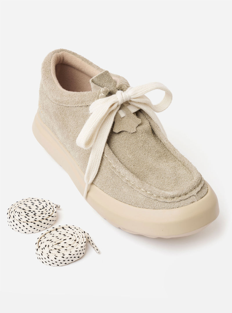 The Wander etc. FD/08 in Dust/Off White Suede/Leather is shown from a rear three-quarter angle as a product shot against a plain white background. The shoe features a textured, hairy suede upper in a dust grey color, contrasted by off-white leather panels and thick, chunky laces. The design is finished with a substantial, cushioned off-white outsole and branding detail on the heel.