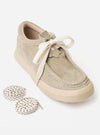 The Wander etc. FD/08 in Dust/Off White Suede/Leather is shown from a rear three-quarter angle as a product shot against a plain white background. The shoe features a textured, hairy suede upper in a dust grey color, contrasted by off-white leather panels and thick, chunky laces. The design is finished with a substantial, cushioned off-white outsole and branding detail on the heel.