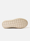The Wander etc. FD/08 in Dust/Off White Suede/Leather is shown from a rear angle as a flat lay against a plain white background. The image highlights the heel of the shoe, featuring a prominent vertical leather pull tab and a thick, off-white textured outsole. The upper is made of a hairy suede material in a dust grey color with visible stitching.
