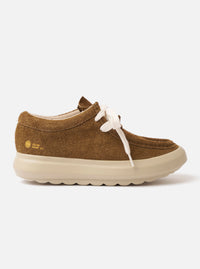 The Wander etc. FD/08 in Tobacco/Off White Suede/Leather is shown from a side profile as a product shot against a plain white background. The shoe features a tobacco-colored hairy suede upper, fat off-white laces, and a thick, chunky off-white sole.