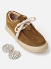 The Wander etc. FD/08 in Tobacco/Off White Suede/Leather is shown from a side angle as a flat lay against a plain white background. The shoe features a low-cut silhouette with a hairy tobacco-colored suede upper, thick off-white fat laces, and a chunky off-white phylon and rubber outsole.
