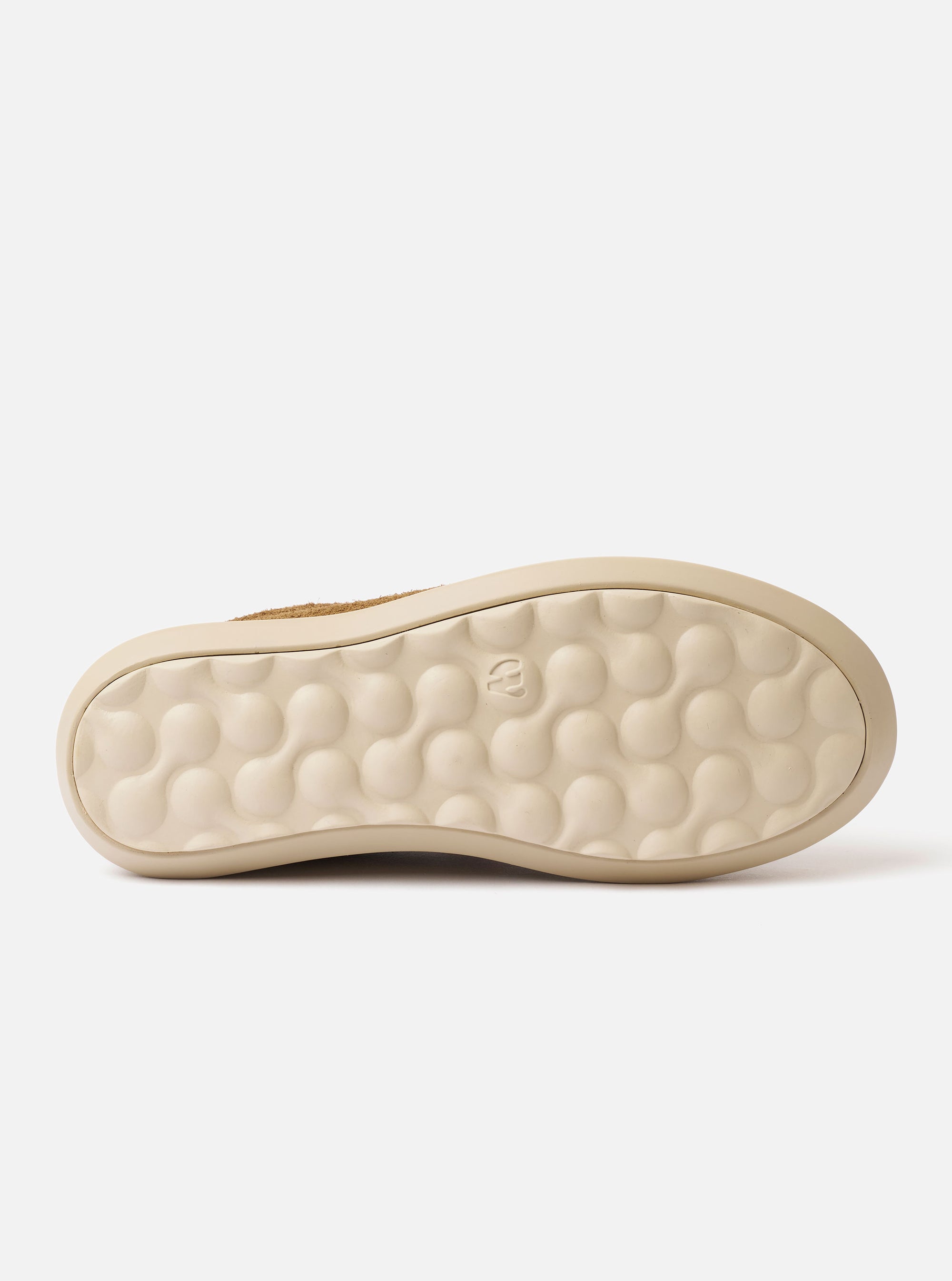 The Wander etc. FD/08 in Tobacco/Off White Suede/Leather is shown from a rear angle as a flat lay against a plain white background. The image highlights the tobacco-colored hairy suede upper, the off-white chunky phylon and rubber outsole, and the heel branding.