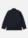 The back of a Navy Linen Slub Weave Bakers Jacket on a white background. The jacket is a dark navy color and has a relaxed fit.