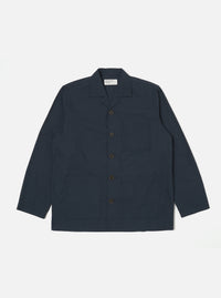 The Navy Broadcloth Cancun Jacket is displayed on a white background. The jacket is a dark navy color and has a relaxed fit. It features a button-down front and three pockets.