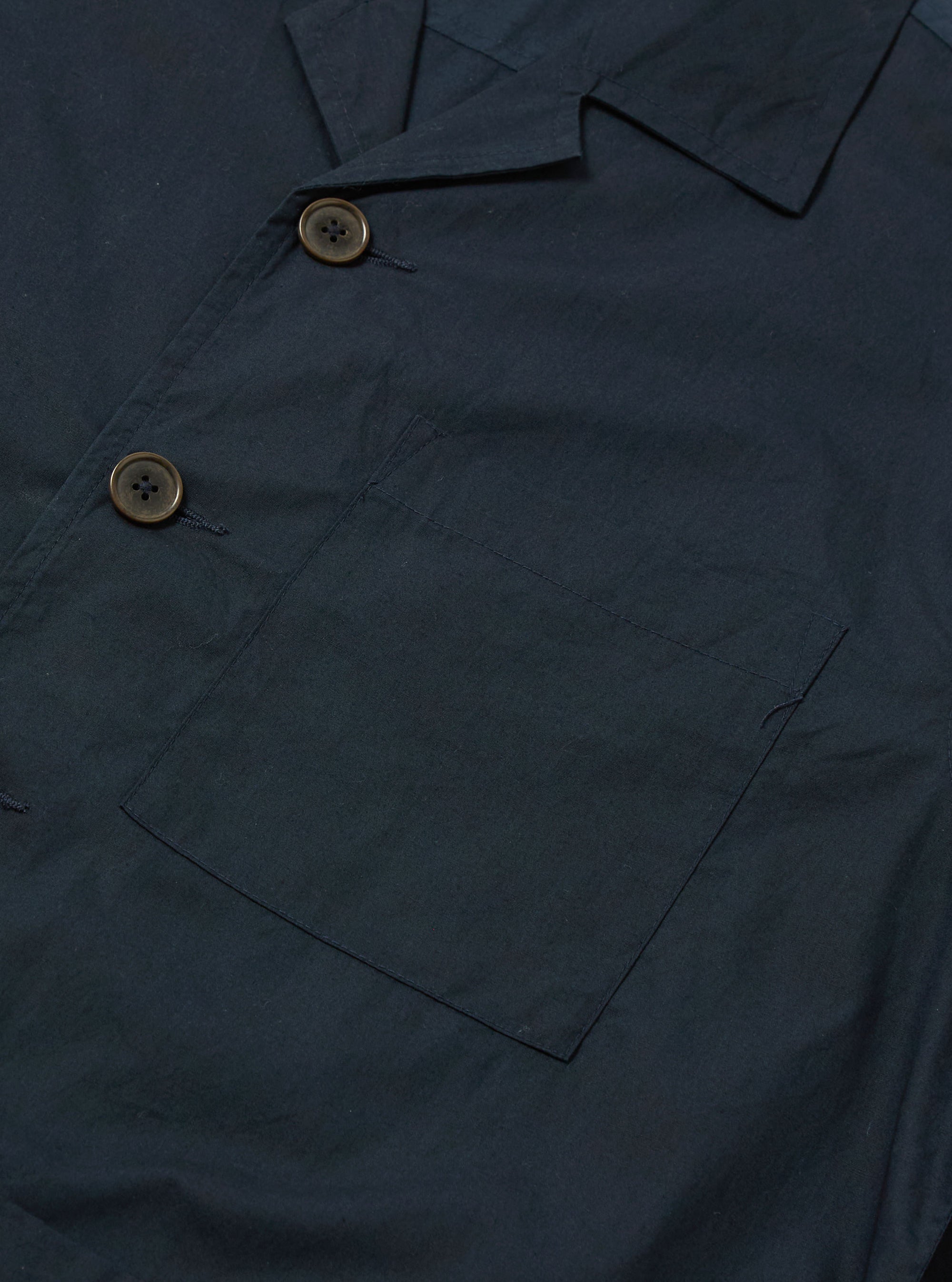 Close-up of the navy Broadcloth Cancun Jacket showing the fabric texture, pocket, and button details. The jacket is laid flat on a neutral surface.