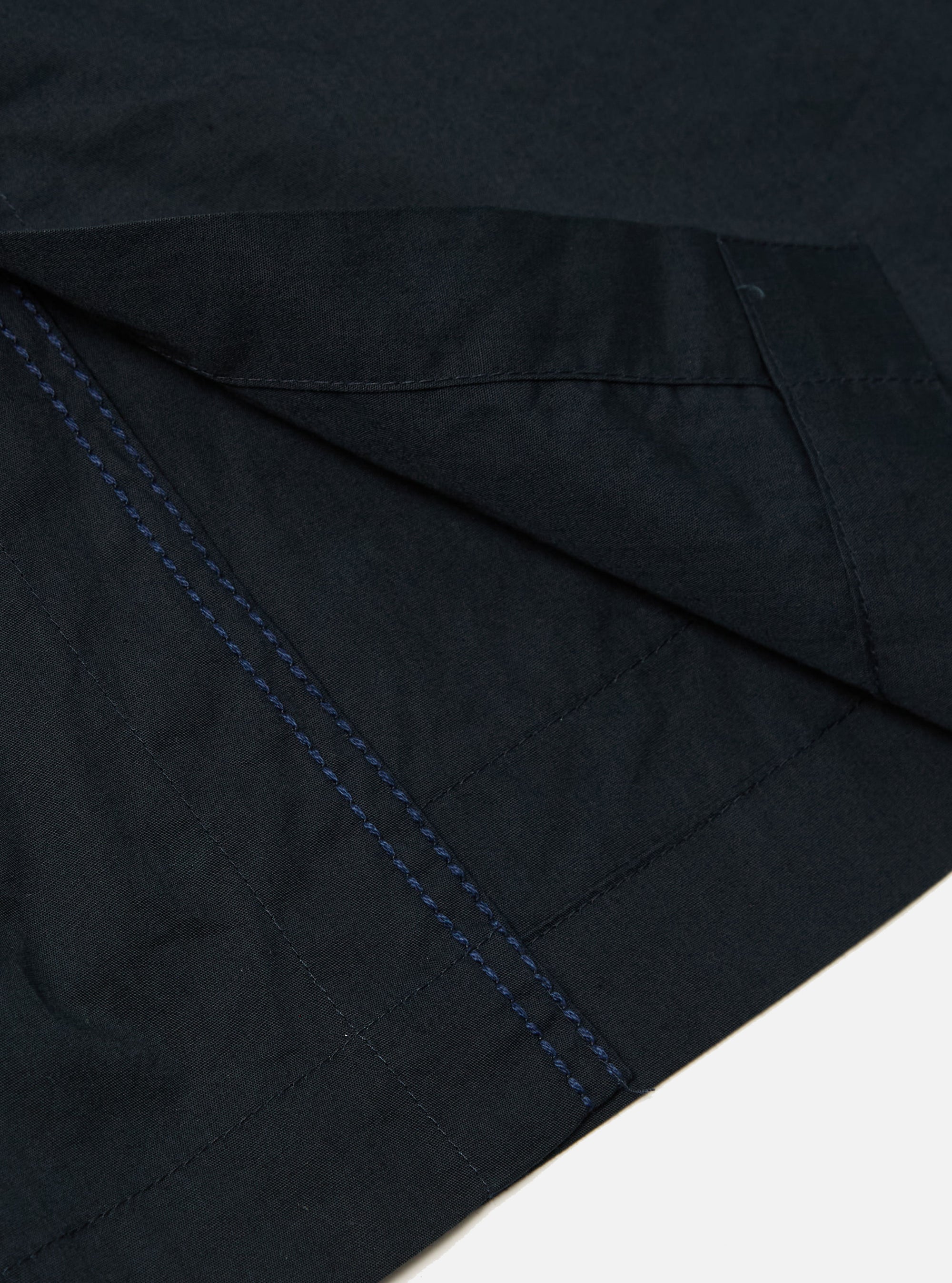 Close-up of the navy Broadcloth Cancun Jacket showing the fabric and stitching detail on a white background.