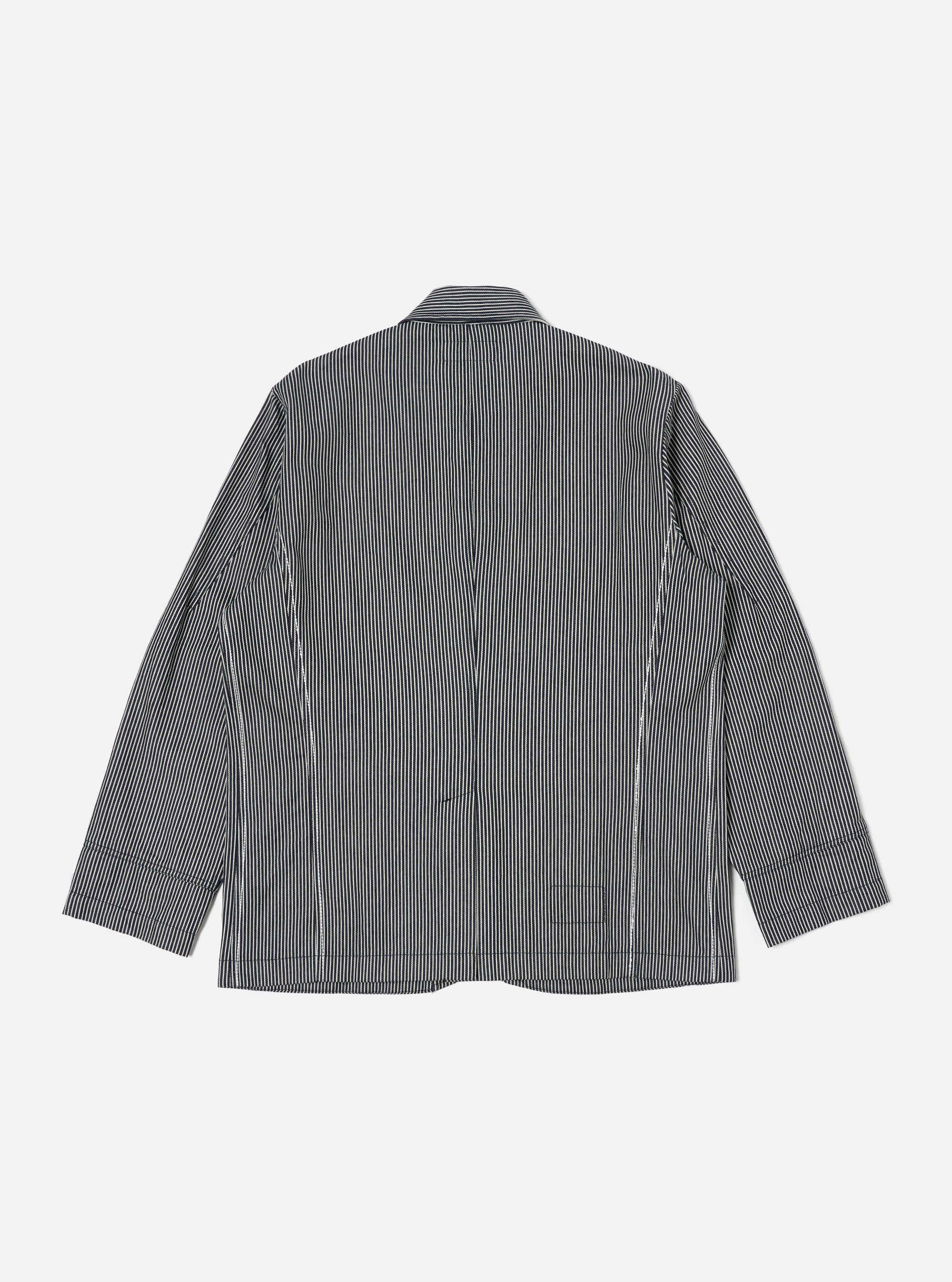 Back view of the Indigo Hickory Stripe Denim Original Bakers Jacket on a white background. The jacket features a blue and white striped pattern and a relaxed fit.