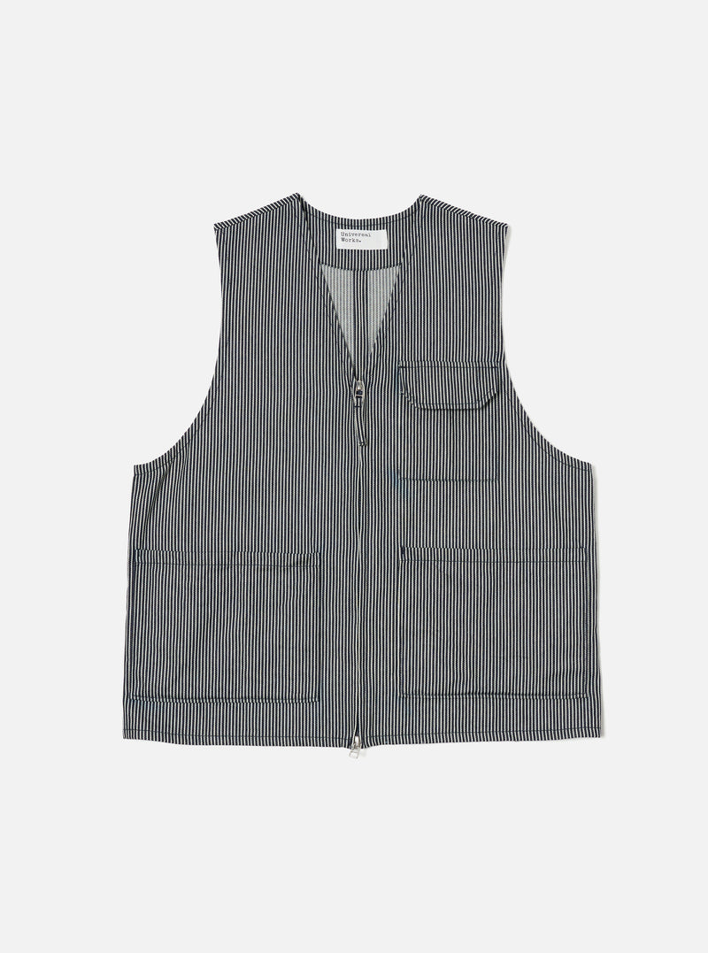 The Indigo Hickory Stripe Denim Marine Gilet, a blue and white striped vest with a zip front and pockets, is laid flat on a white background.