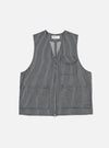 The Indigo Hickory Stripe Denim Marine Gilet, a blue and white striped vest with a zip front and pockets, is laid flat on a white background.