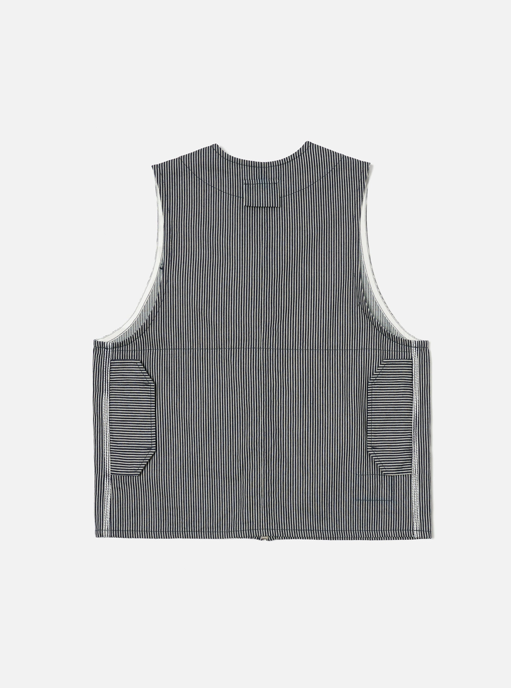 Close-up of the Indigo Hickory Stripe Denim Marine Gilet on a white background. The gilet features a classic striped pattern and two front pockets.